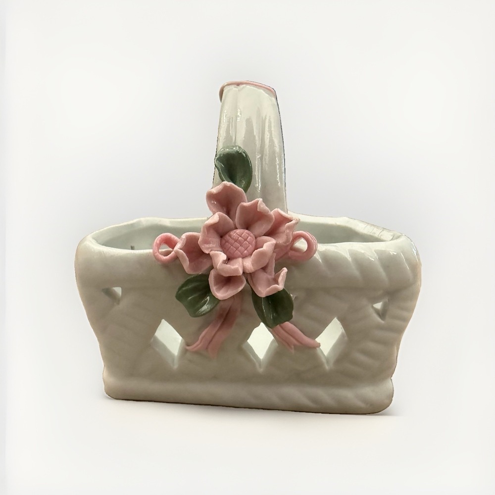 Porcelain Basket Decorative Hand Painted Flowers Miniature Candy Jewelry Trinket